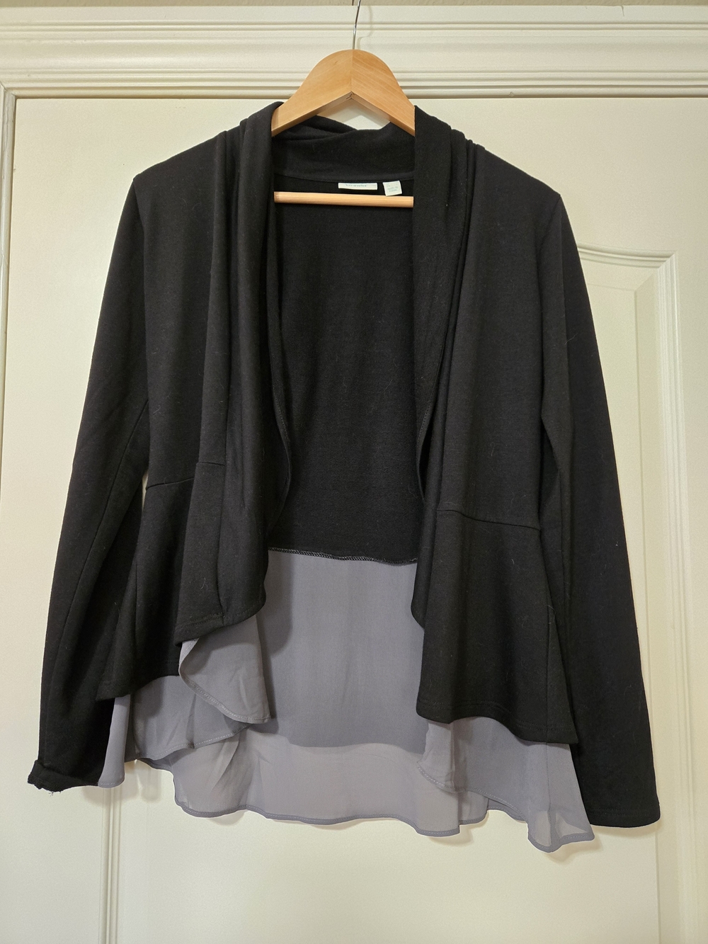 Women's Black Open-Front Cardigan with Gray Layered Hem Flowy Drapey Layer